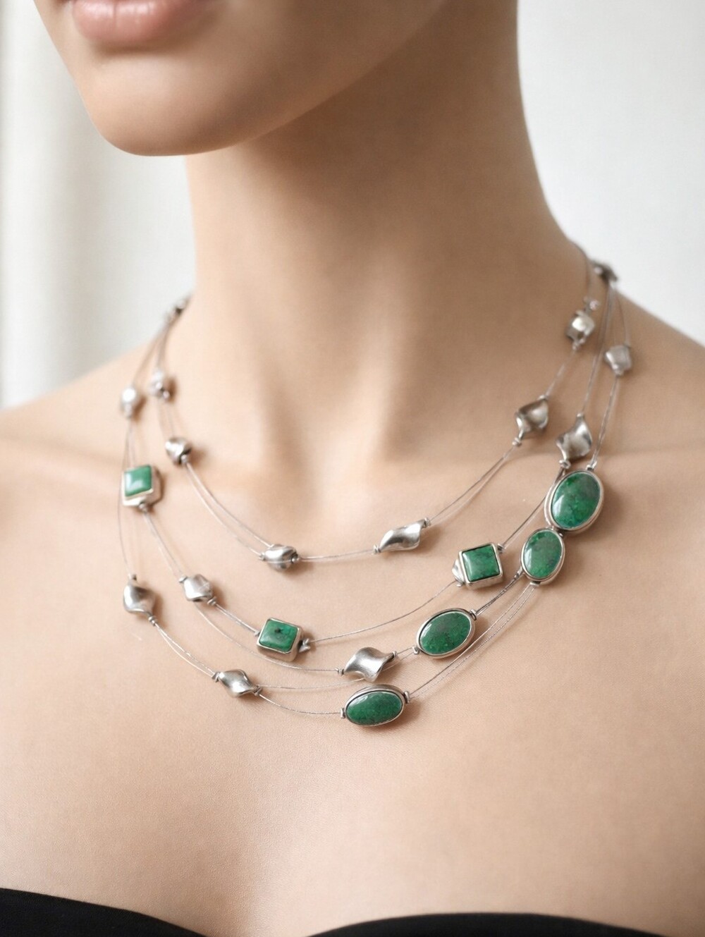 Chico's Layered Silver Necklace - Green Stone Accents Elegant Statement Jewelry